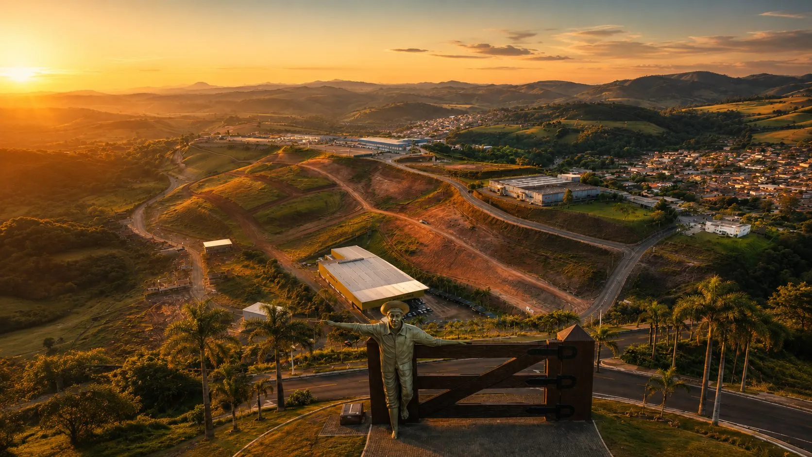 Vista aérea ilustrativa do loteamento, com o Monumento Menino da Porteira em primeiro plano e a cidade ao fundo