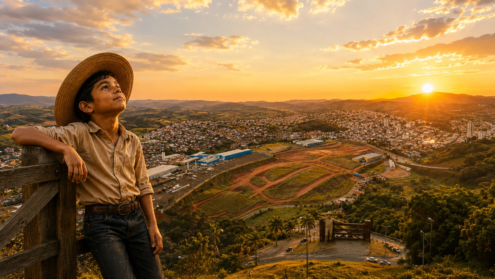 Menino de chapéu apoiado na porteira, observando o novo bairro e a cidade de Ouro Fino sob a luz dourada do fim de tarde